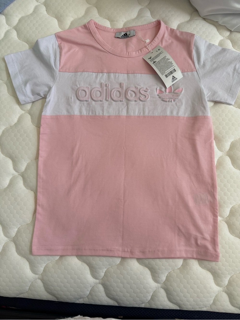 adidas Pink and White Colorblock Kids Short Sleeve Tee